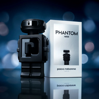 Botella moderna de PHANTOM PARFUM con diseño futurista y elegante para hombre seguro y seductor